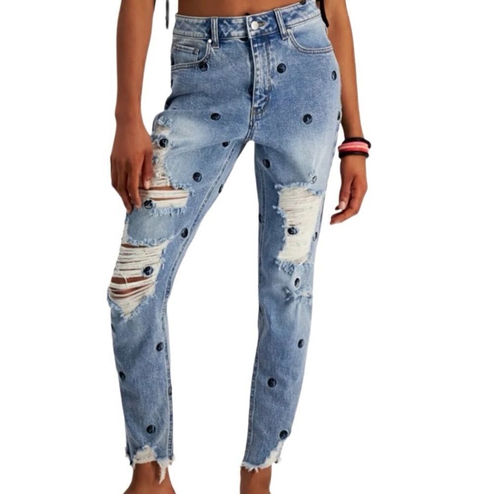 TINSELTOWN embroidered yin yang Frayed Hem Destructed Mom Jeans size 9
